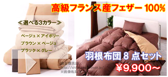 フランス産フェザー100%　羽根布団8点セット
