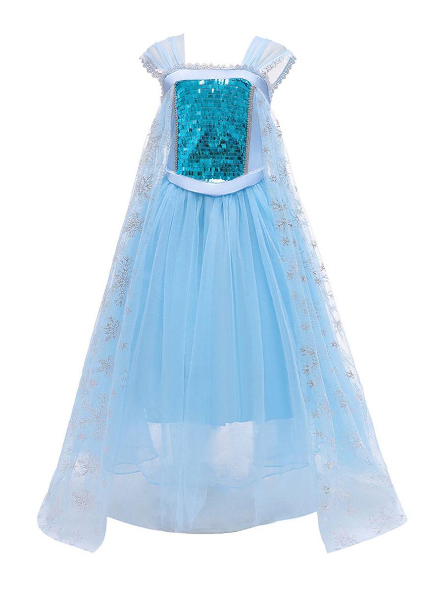 kiskissing wholesale girl sequined mesh blue princess dress with snowflake print cloak