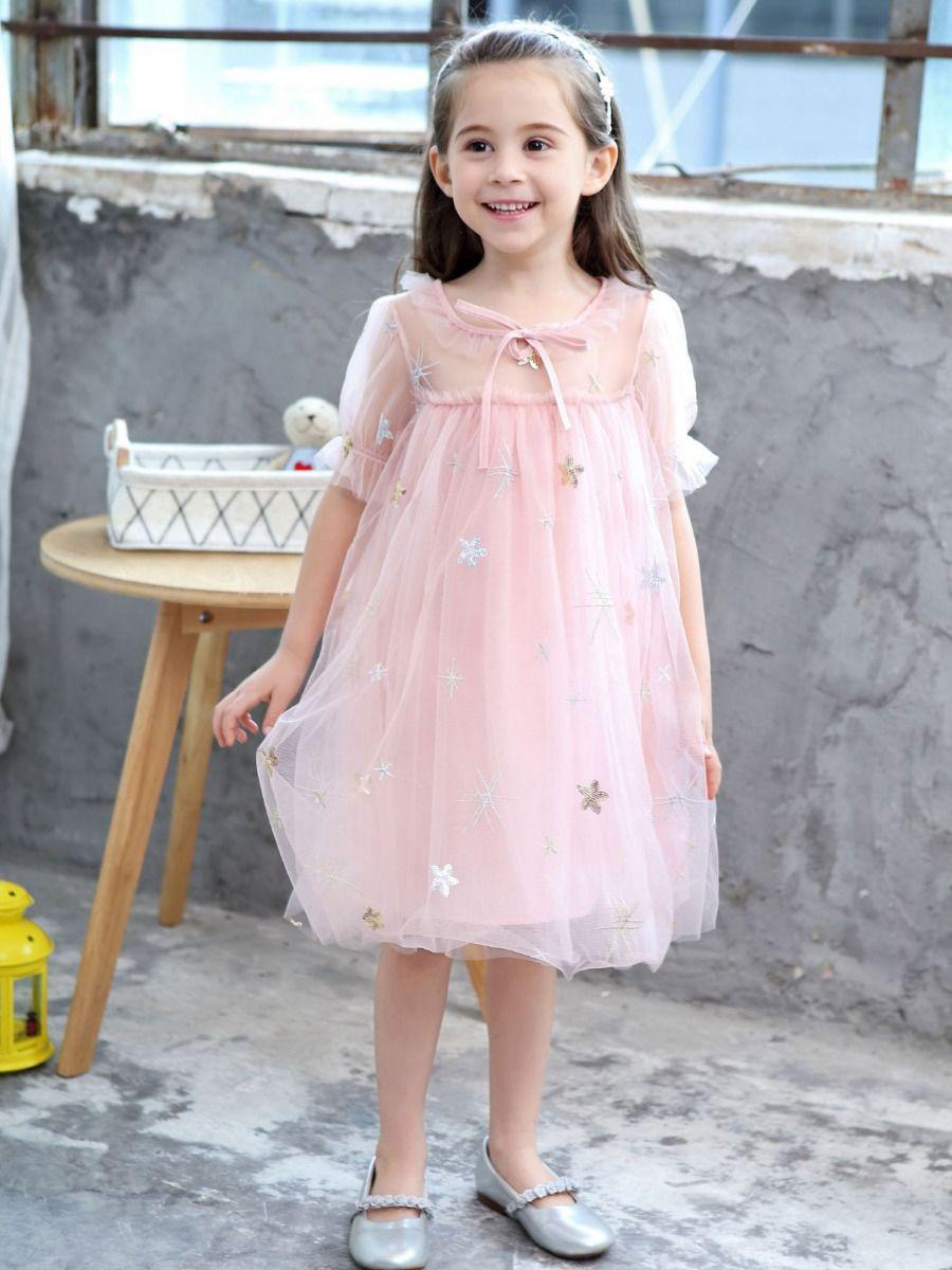 kiskissing wholesale toddler big girl kids sequined star tulle princess dress short sleeve