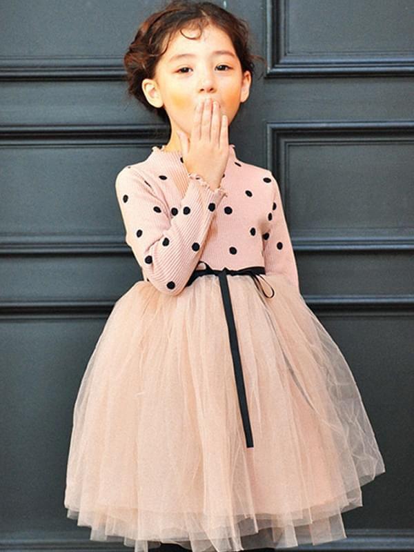 panekiskissing wholesale led pretty pink long sleeve dots tulle tutu princess dress for toddlers girls