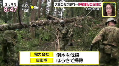 自衛隊ほうきで清掃