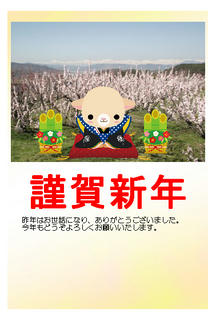 15_年賀状（背景：長野市松代町東条から撮影した満開のあんずと北アルプス）