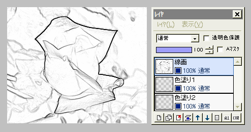 線画の下に色塗りレイヤ