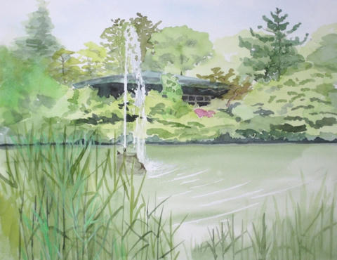 アニメ聖地巡礼絵画⑤ 君の名は　水彩画＋塗り絵用2枚　額縁25㎝×34㎝　背景画 スケッチ☆鶴舞公園｜やっぱり！水彩画