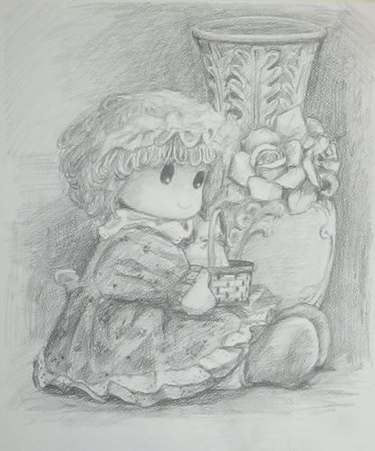 人形と花瓶 鉛筆デッサン やっぱり 水彩画