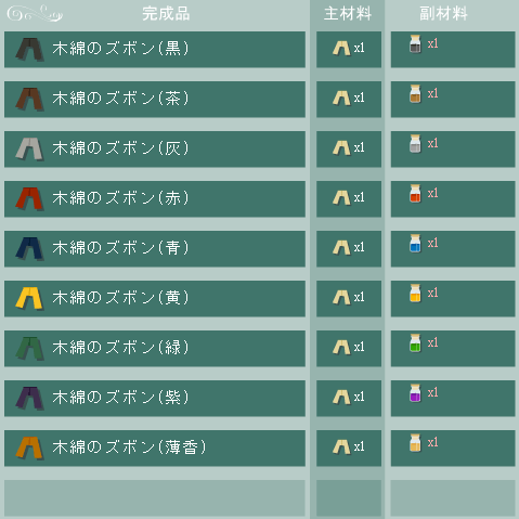 木綿のズボンの合成リスト