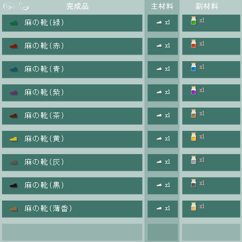 麻の靴の合成リスト