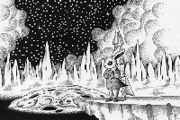モノクロームイラスト（ペン画） - ウサギの月旅行