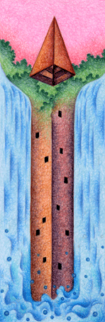 建物のイラスト 「滝の中に隠れた塔」