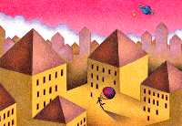 建物イラスト（トリックアート） - 「夕暮れの街」