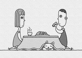 団欒・話し合い・相談・炬燵・猫・語らい 