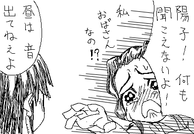 ひかり：陽子！ 何も聞こえないよ！　私 おばさんなの！？ 陽子：昼は 音 出てねえよ