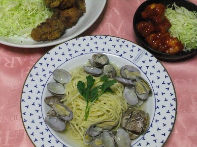 あさりのスープパスタ＆カキフライ＆エビチリ