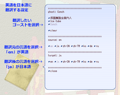 ゴーストの翻訳設定画面のスクリーンショット。文字で設定方法が記入されている。
