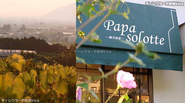 お店の看板と、お店の横のぶどう畑から見える甲府・石和方面の夕景