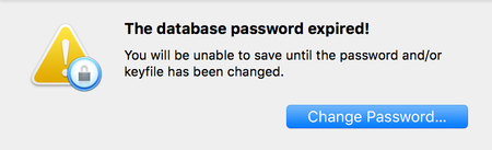 The database password expired! You will be unable to save until the password and/or keyfile has been changed.
