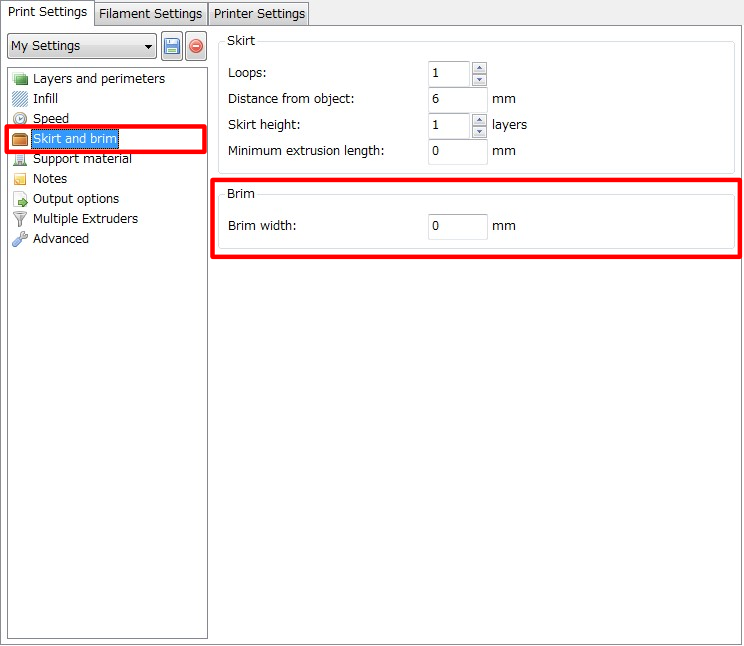 3Dプリンター,Slic3r,設定,方法,Repetier,使い方,Print settings,Skirt and brim_skirt,Brim,Brim width