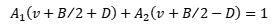 A1(v+B/2+D)+A2(v+B/2-D)=1
