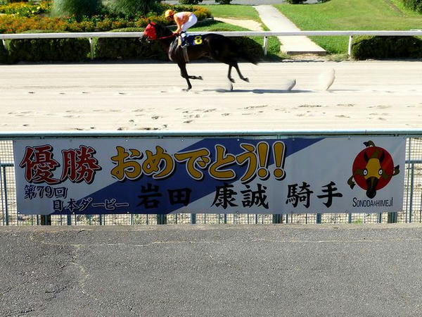 「第79回日本ダービー優勝おめでとう!!岩田康誠騎手」の横断幕