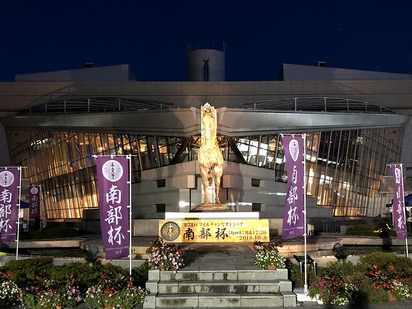 日が落ちた後の馬像とスタンド