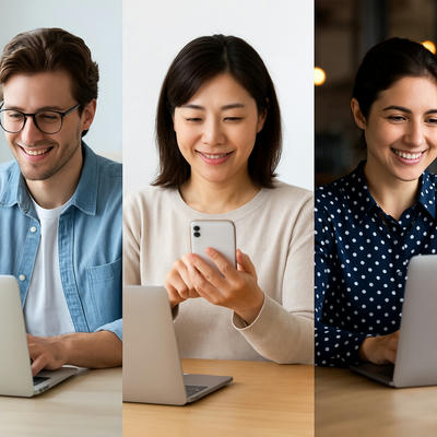 カフェや自宅でノートPCやスマホを使って作業する男女3人のコラージュ画像。明るい自然光の中、リモートワークや在宅副業を楽しむ様子を表現している。白・青・ベージュ系を基調とした清潔感のあるデザインで、「自由」「収入アップ」「前向きな働き方」をイメージさせるカバー画像。