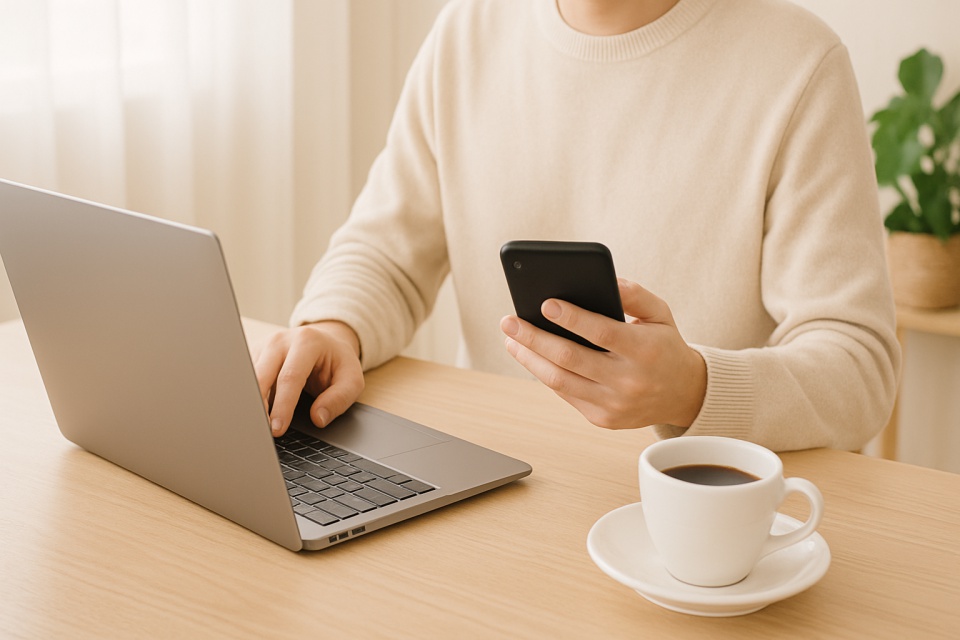 ナチュラルな木目調テーブルで在宅ワークをする人物。ノートPCを操作しながらスマートフォンを持ち、横にはコーヒーカップが置かれている。柔らかな自然光が差し込む室内で、観葉植物がアクセントになった落ち着いた雰囲気。