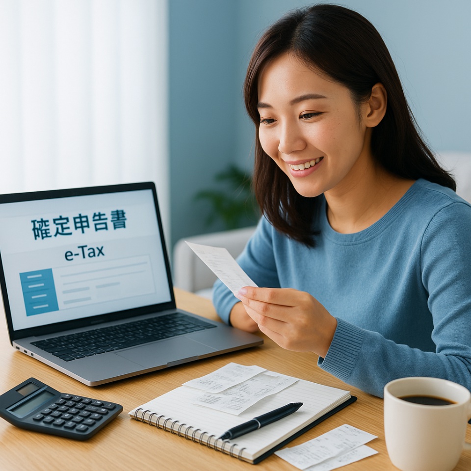 木製テーブルの上でノートパソコンを開き、確定申告書の画面を見ながらレシートを確認している女性。電卓とノート、コーヒーカップが並び、窓から柔らかな自然光が差し込む。落ち着いたブルーの服を着た女性が穏やかに微笑むフォトリアルな画像。