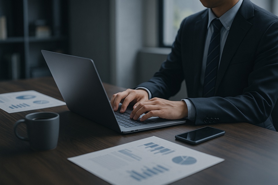 スーツ姿の男性がノートパソコンで作業しているオフィス風景。机の上にはスマートフォン、コーヒーカップ、資料が並び、落ち着いたグレーとブルー基調で&ldquo;秘密&rdquo;や&ldquo;対策&rdquo;を感じさせる雰囲気の16:9横長構図。