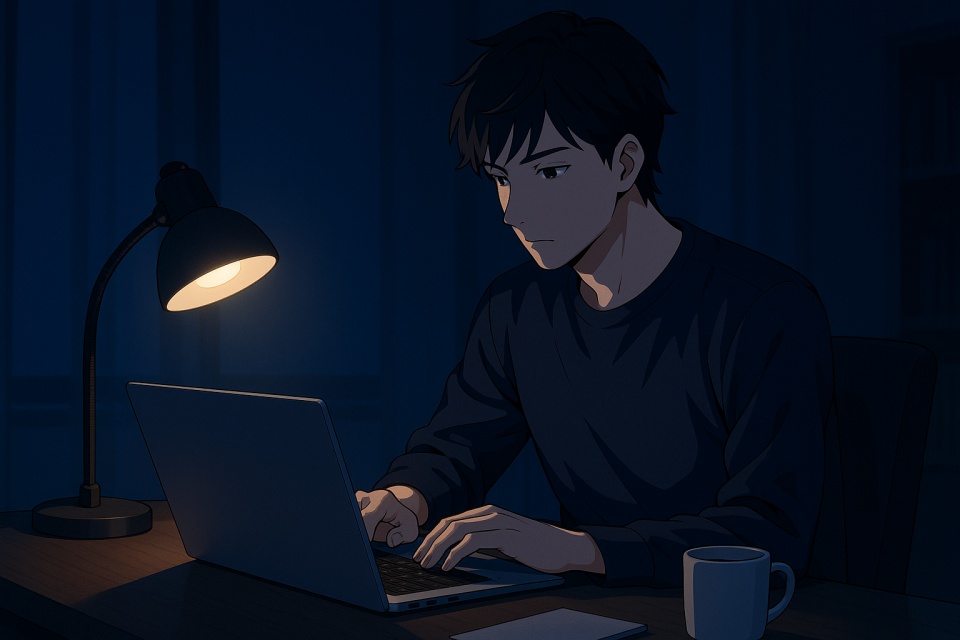 アニメイラスト風。夜の静かな部屋で男性がノートパソコンに向かって作業している。デスクライトの柔らかな光に包まれ、青みのある夜の雰囲気と落ち着いた安心感が漂う。