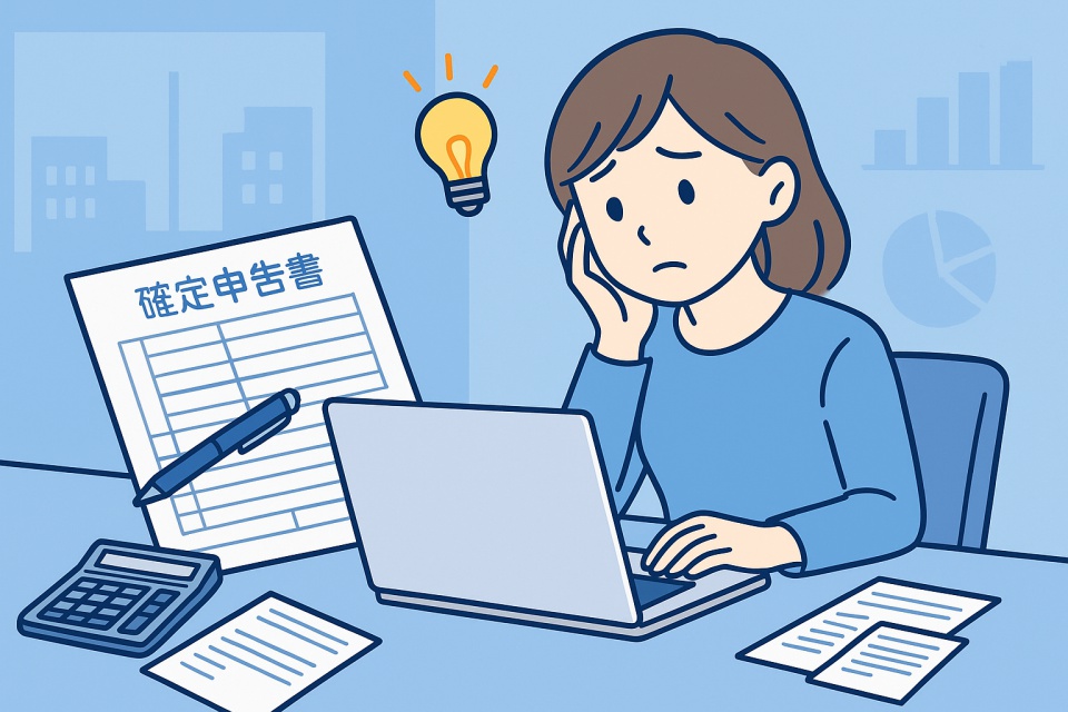 白と青を基調とした清潔感のあるオフィス風のアニメイラスト。デスクに確定申告書類やノートパソコン、電卓が並び、若い女性が穏やかな表情で副業の経理作業をしている。背景には淡くグラフやチャートが描かれ、税金への安心感と学びの雰囲気を表現している。