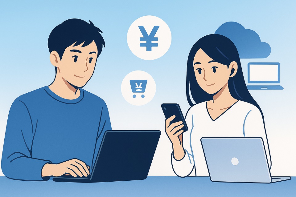 青と白のグラデーション背景の前で、自宅で作業する若い日本人男女のフラットスタイルイラスト。男性は青いシャツでノートパソコンを操作し、女性は白いトップスでスマートフォンとノートパソコンを使っている。二人の上にはショッピングカート、円マーク、クラウドコンピューターのアイコンが描かれ、副業やデジタルワークを象徴している。