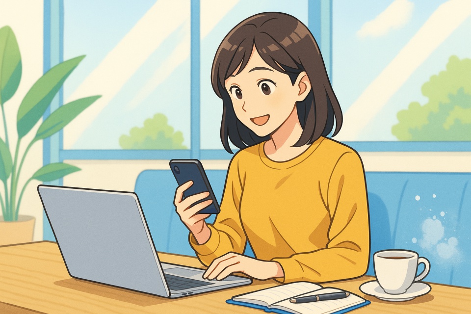 明るいカフェで、ノートPCとスマホを使って副業に取り組む女性。黄色い服を着て笑顔で作業しており、テーブルには手帳とコーヒーカップが置かれている。窓から青空と緑が見え、&ldquo;スキマ時間&times;副業&rdquo;を感じさせる前向きな雰囲気。