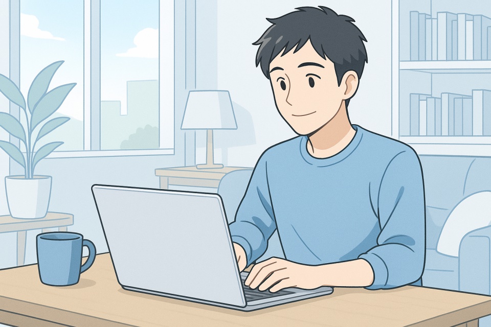 明るいリビングでノートパソコンを操作する男性が描かれたアニメイラスト。 木製のテーブルの上には青いマグカップと観葉植物が置かれ、窓から柔らかな光が差し込む。 青と白を基調とした配色で、在宅ワークや副業を楽しむ自由で落ち着いた雰囲気を表現している。