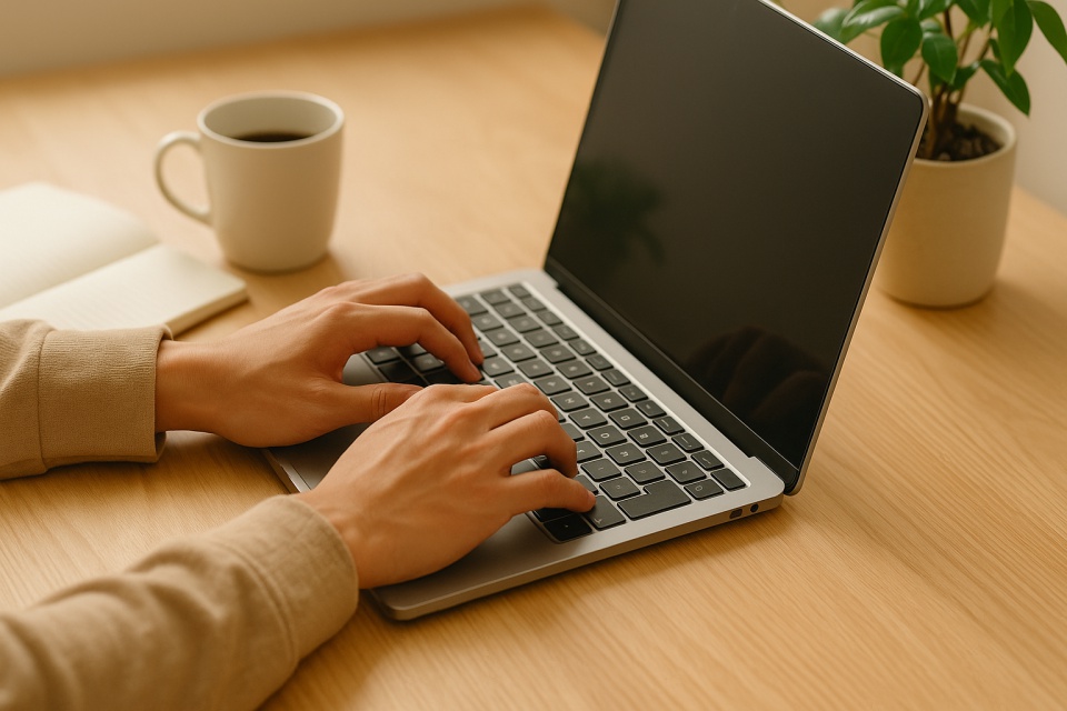 自宅の机でノートPCを操作する手元のアニメイラスト。明るい自然光が差し込み、コーヒーカップやノート、観葉植物が置かれたウッド調のデスクが描かれている。静かで集中した雰囲気が漂う。