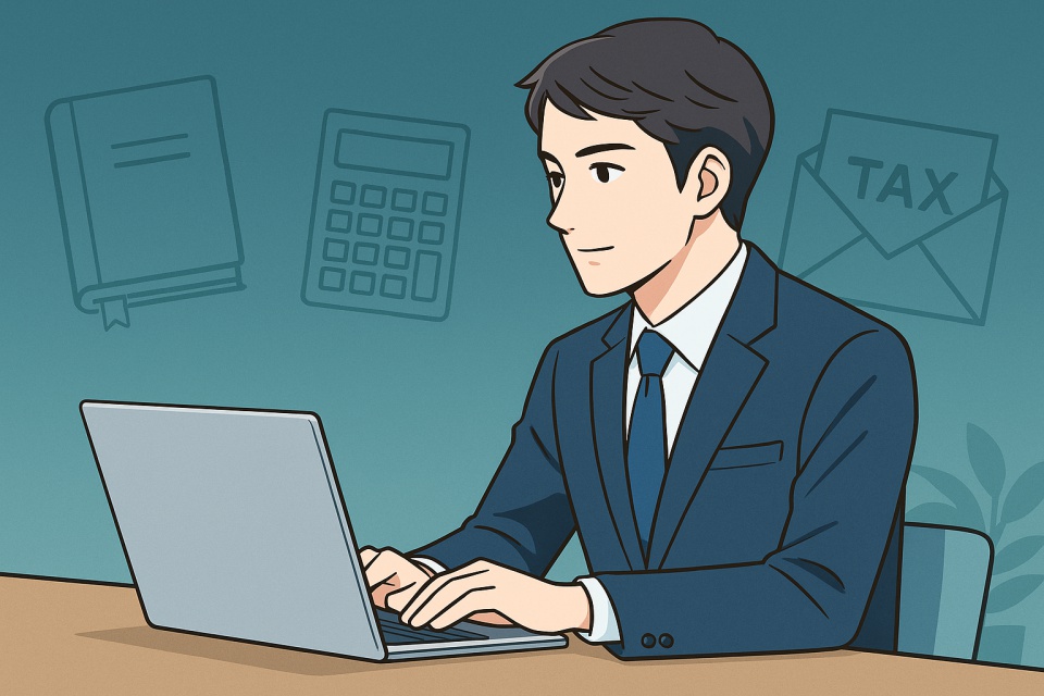 ノートPCで作業するスーツ姿の男性会社員の横顔を描いたアニメイラスト。背景には帳簿、電卓、税金の封筒などの税務関連アイコンが淡く浮かび、全体はブルー系の落ち着いた色調で統一。真面目で信頼感のある雰囲気が漂い、副業と本業を両立するスマートなビジネスパーソンを表現している。