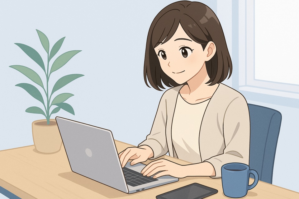 明るい部屋でノートパソコンを操作する若い女性のアニメ風イラスト。白と淡いブルーの清潔感ある背景に、観葉植物やマグカップが置かれた自宅デスクが描かれ、在宅ワークの落ち着いた雰囲気を表現している。