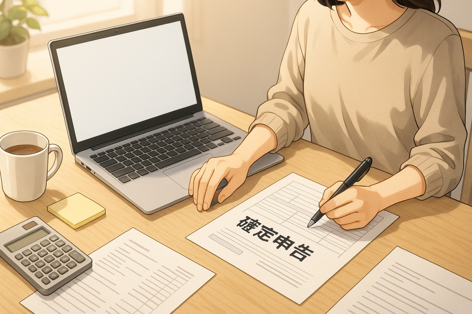ノートパソコンを開いて確定申告の準備をしている人物の手元を描いたアニメ風イラスト。木目調のデスクの上には書類、メモ、電卓、マグカップが並び、自然光が差し込む明るい作業空間が広がっている。顔は映らず、落ち着いた雰囲気の中で副業の申告作業に集中している様子が伝わる構図。