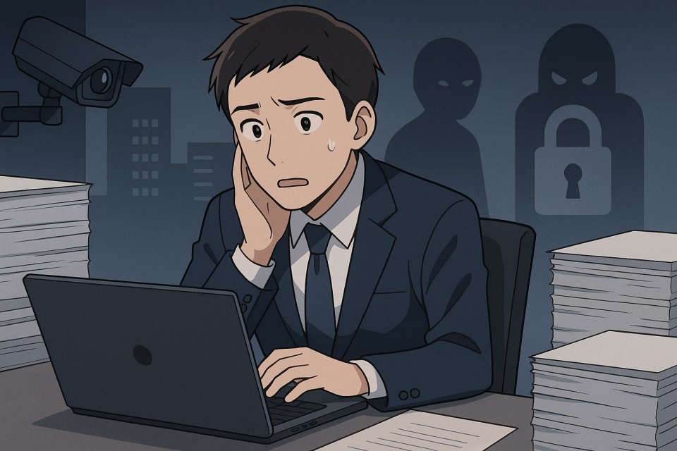 スーツ姿の男性会社員がオフィスの机でノートパソコン画面を不安そうに見つめているアニメ風イラスト。背後には監視カメラや影のような人物、鍵マークのシルエットが描かれ、副業や情報漏洩の不安を象徴している。