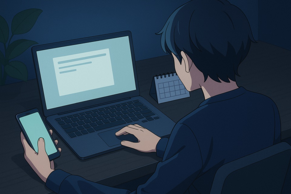 夜の静かな在宅環境で、人物がノートPCとスマホを使いながら作業しているアニメ風イラスト。顔は映らず後ろ姿だけが描かれ、机には小さなカレンダーや観葉植物が置かれている。ネイビーブルーの落ち着いた配色で、副業の&ldquo;こっそり作業する雰囲気&rdquo;を演出している。