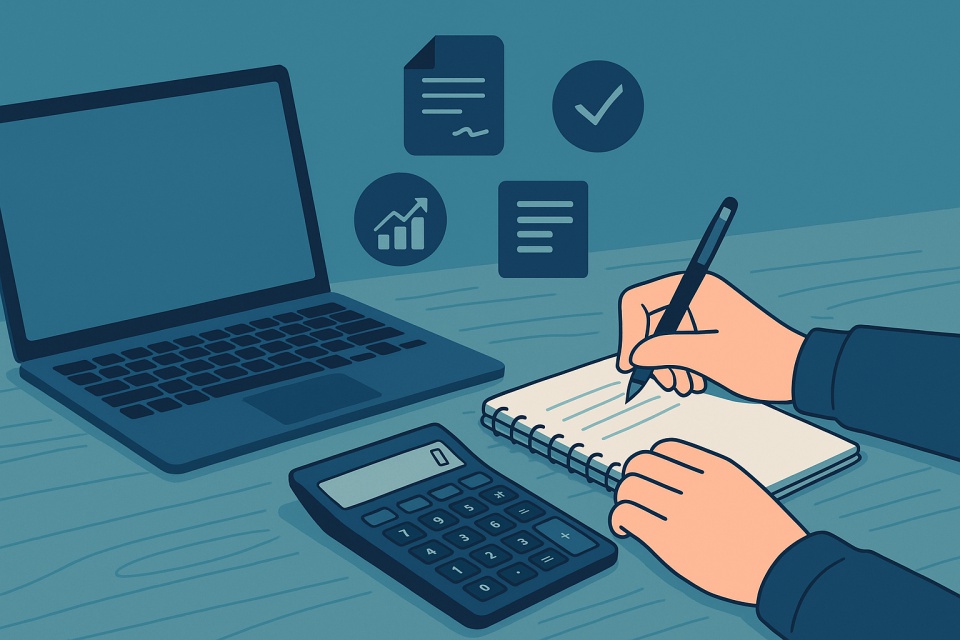 ノートPCと電卓が置かれたデスクで、人物がノートにメモを書き込んでいる様子を描いたアニメ風イラスト。背景には書類アイコンやグラフ、チェックマークが浮かび、税金計算や副業の確定申告を連想させる落ち着いたブルー系の配色。