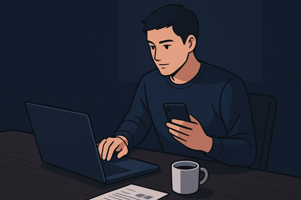 落ち着いたネイビートーンの部屋で、架空の男性がノートPCに向かって副業作業をしているアニメ風イラスト。片手にスマホ、机にはコーヒーと書類が置かれ、集中して前向きに取り組む様子が描かれている。
