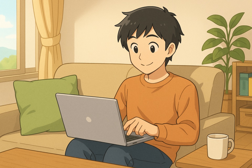 自宅のソファに座り、ノートパソコンを操作しながら副業作業をしている人物のアニメイラスト。日差しの入る明るいリビングで、リラックスした雰囲気が漂う。