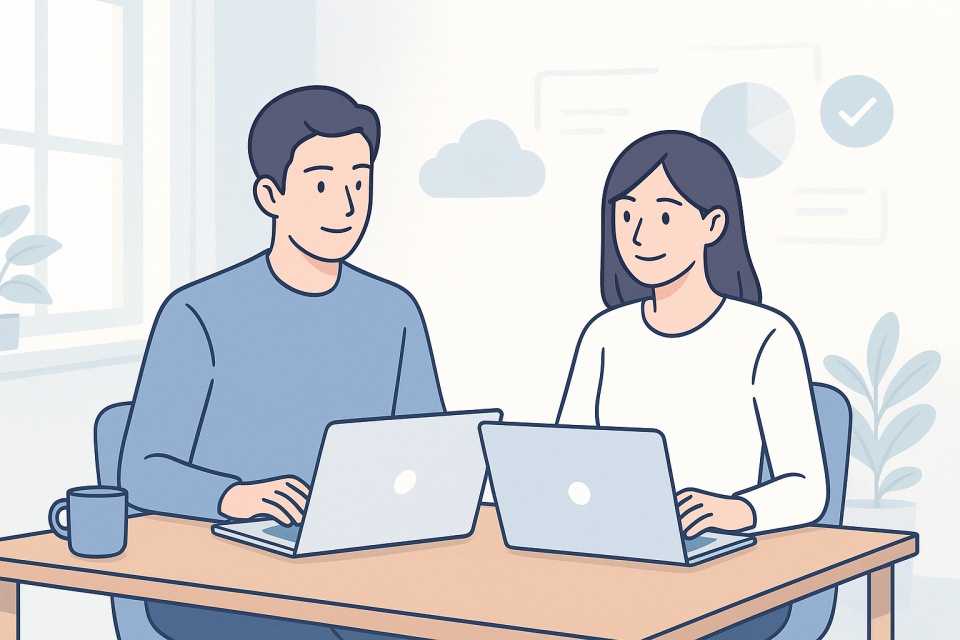 明るい自宅のワークスペースで、男性と女性が並んでノートパソコンを操作しているアニメイラスト。柔らかな自然光が差し込み、背景には雲のアイコンやチャットバブル、円グラフ、チェックマークなどのシンプルなクラウドサービス風アイコンが淡く描かれている。落ち着いたホワイトとライトブルーの配色で、清潔感と信頼感のある雰囲気が表現されている。