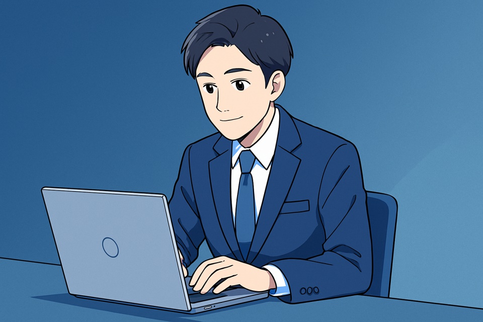 ブルー系の背景で、スーツ姿の男性がノートPCを使って作業しているアニメイラスト。知的で清潔感のあるビジネスシーンを表現。