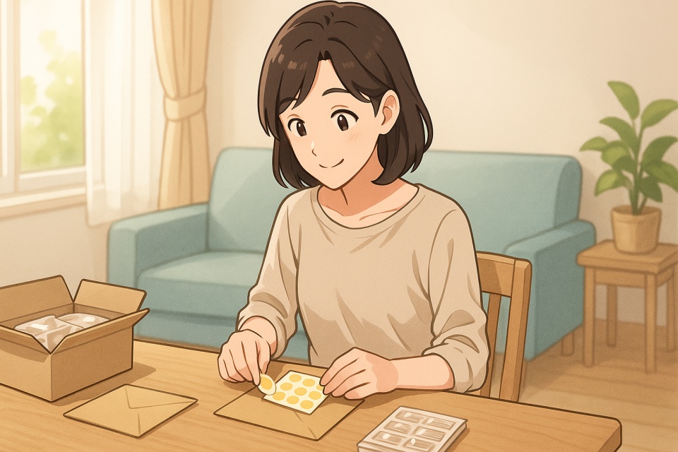 自宅の明るいリビングで、主婦の女性がテーブルに座り、封筒にシールを貼る内職作業をしているアニメイラスト。自然光が差し込むナチュラルな空間で、商品や封筒が並び、在宅ワークや主婦の副業をイメージさせる落ち着いた雰囲気の構図。