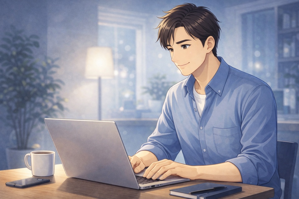 青系の落ち着いた空間で、30代から40代の男性がノートパソコンに向かい、真剣な表情で副業に取り組んでいるアニメイラスト。自宅やカフェ風のデスクにはコーヒーやノートが置かれ、前向きで信頼感のある雰囲気の中、男性におすすめの副業を連想させるシーンが描かれている。