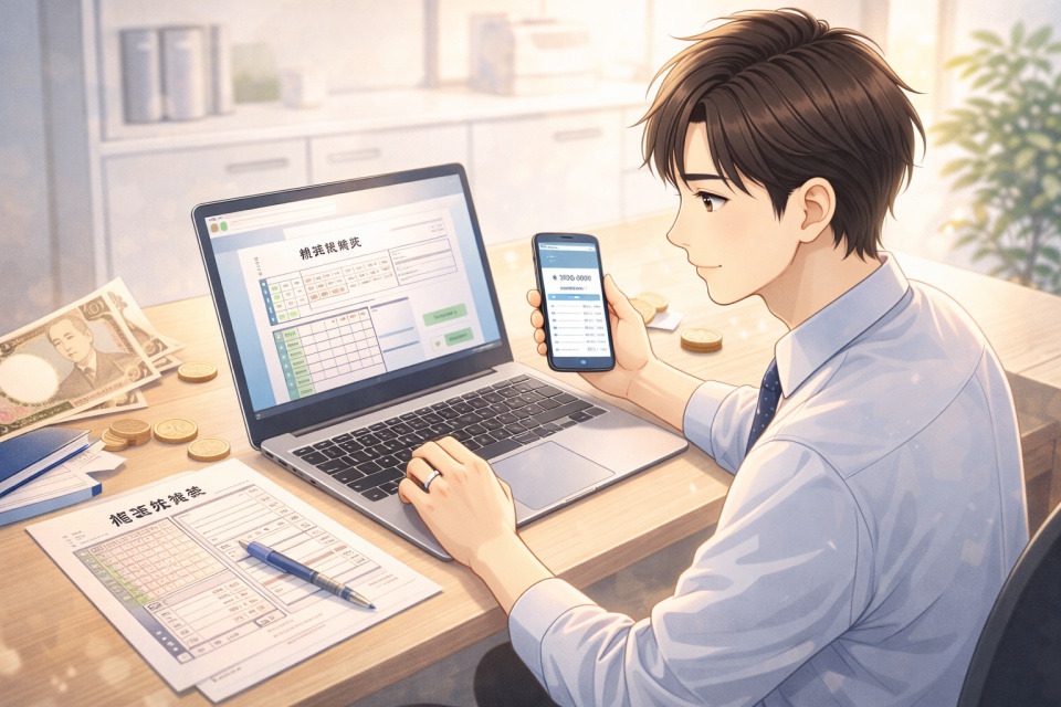 明るく清潔感のある室内で、会社員の男性がノートパソコンを使って副業の確定申告作業をしているアニメイラスト。デスクには申告書類やペン、スマートフォン、硬貨や紙幣が置かれ、副業収入と税金を整理しながら申告額を確認している様子が、落ち着いた信頼感のある雰囲気で描かれている。