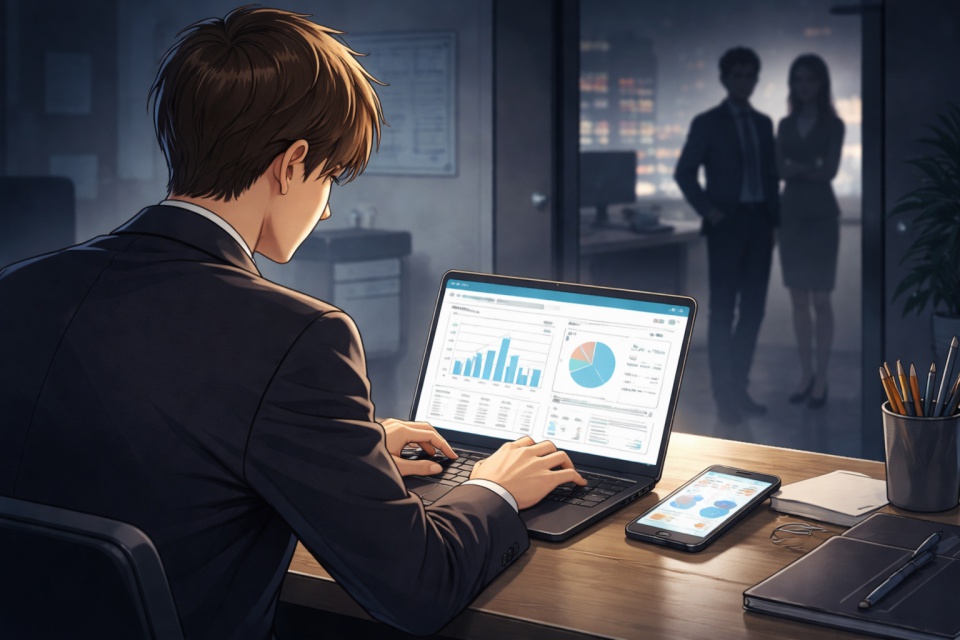 薄暗いオフィスでスーツ姿の人物が背中を向けてパソコン作業をしているアニメイラスト。画面にはデータやグラフが表示され、背後には人影が見えることで、副業が周囲に気づかれるかもしれない不安や緊張感を表現している。