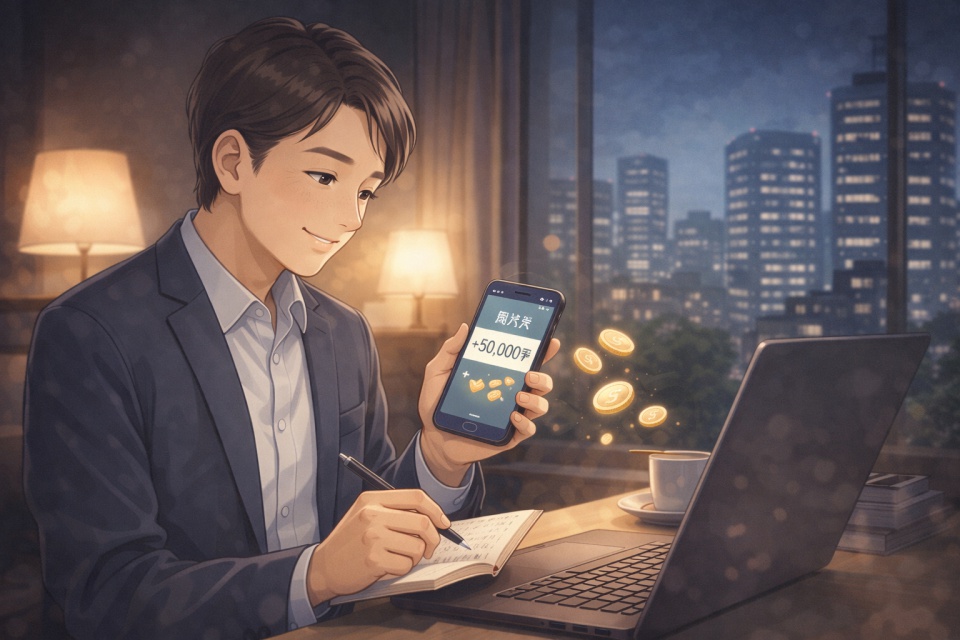 夜の自宅でパソコン作業をしながらスマホの副業収入を確認する会社員男性のアニメイラスト。控えめな金額表示と落ち着いた表情から、会社にバレない範囲で副業をしている安心感が伝わるビジュアル。