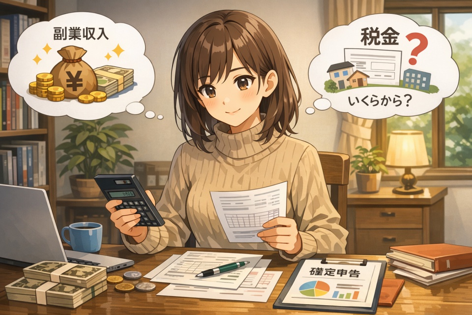 副業収入と税金について整理している様子を描いたアニメイラスト。落ち着いた部屋で、女性が計算機と書類を手にし、確定申告や税金はいくらから必要かを考えているイメージ。